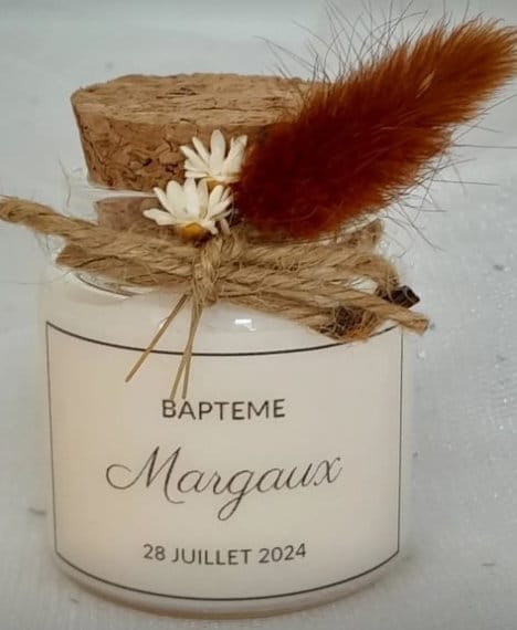 Bougie personnalisée cadeaux invités baptême-anniversaire-babyshower fille modèle liège 50ml