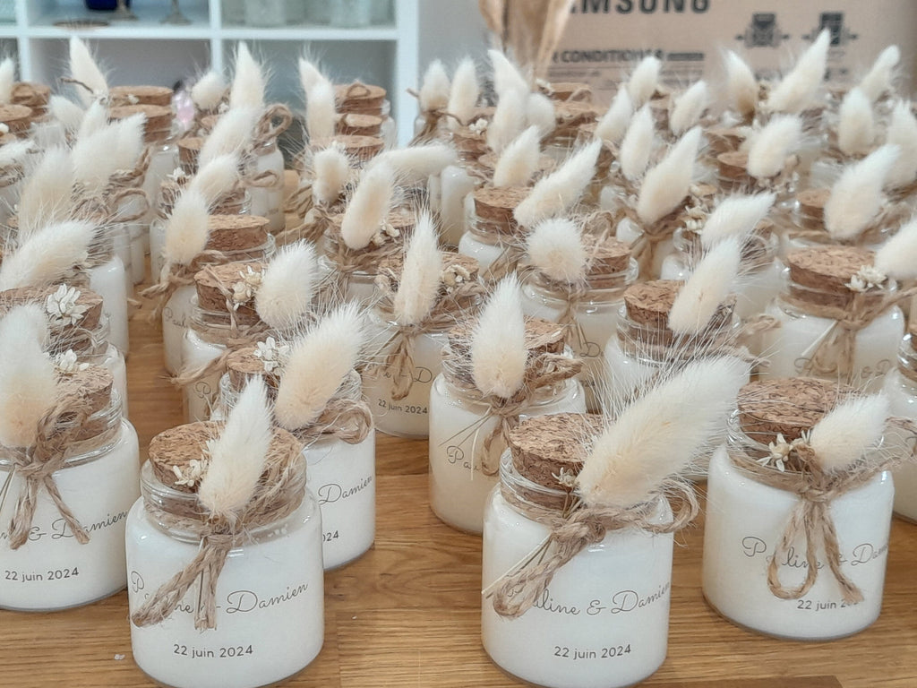 Bougie personnalisée cadeaux invités baptême-anniversaire-babyshower fille modèle liège 50ml