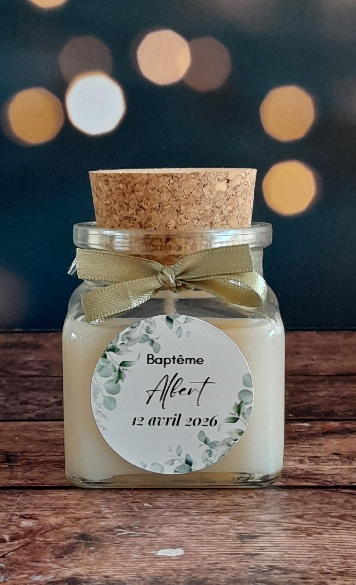 Bougie Baptême Personnalisée | Cadeau Invité Baptême | Souvenir Baptême Fille Garçon | Cire Végétale d’Olive |  En verre Bouchon Liège 120ml
