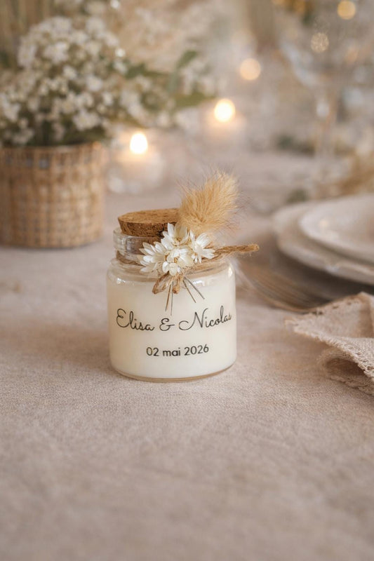 Bougie personnalisée mariage, cadeau invités naturel, bougie fleurs séchées, parfum de Grasse, bougie artisanale, souvenir mariage